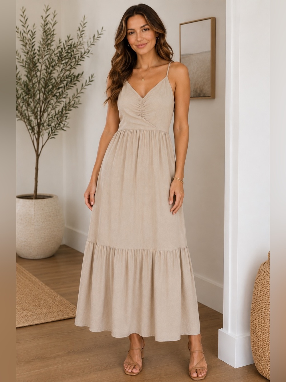 LINEN Blend Shirred Spaghetti Strap Midi Dress - Adjustable Fit by Ardene New!